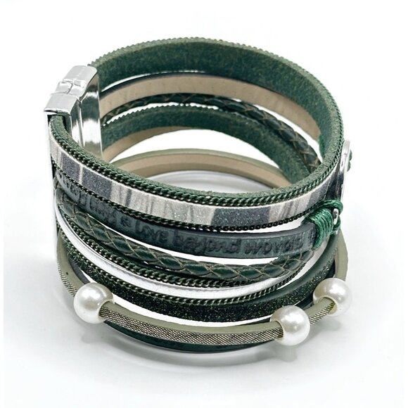 Greens Leather Wrap Bracelet Charm Pearl Magnet Buckle Bracelet Tree Of Life - Picture 3 of 5